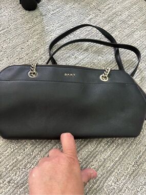 DKNY Black Saffiano Leather Shoulder Bag with Chain Trim